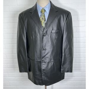 Stafford Blazer Men Large Black Leather Three Button Classic Mafia Career Jacket